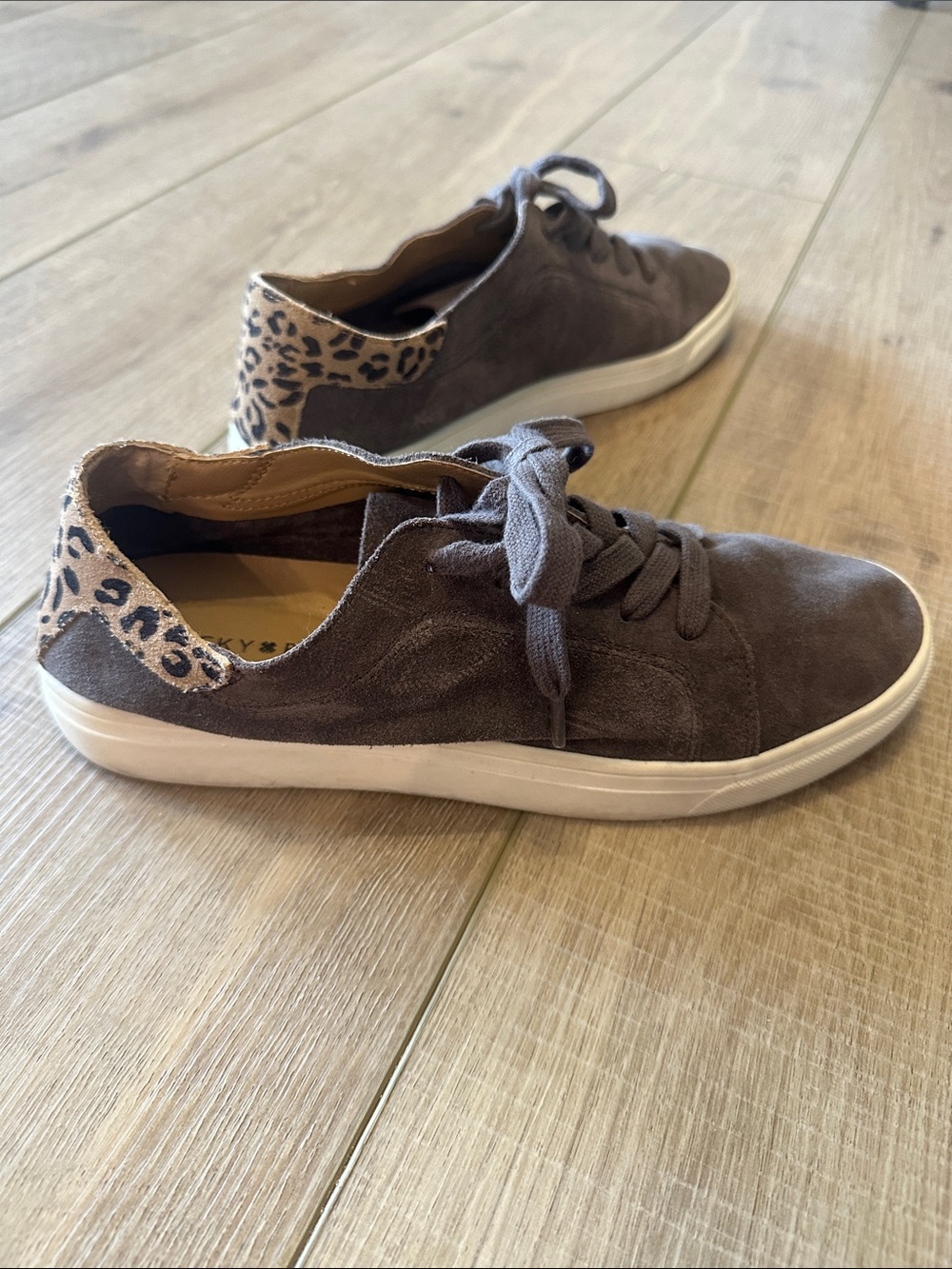 Lucky Brand Gray Suede Sneakers with Leopard Heel Accent